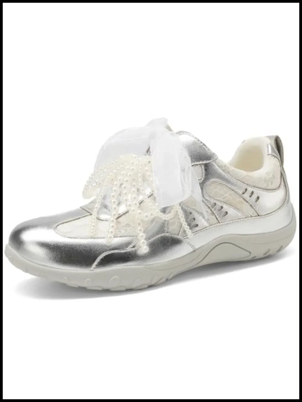Lace Detail Pearl Sneakers Faux Leather Lace Up Casual Tennis Shoes